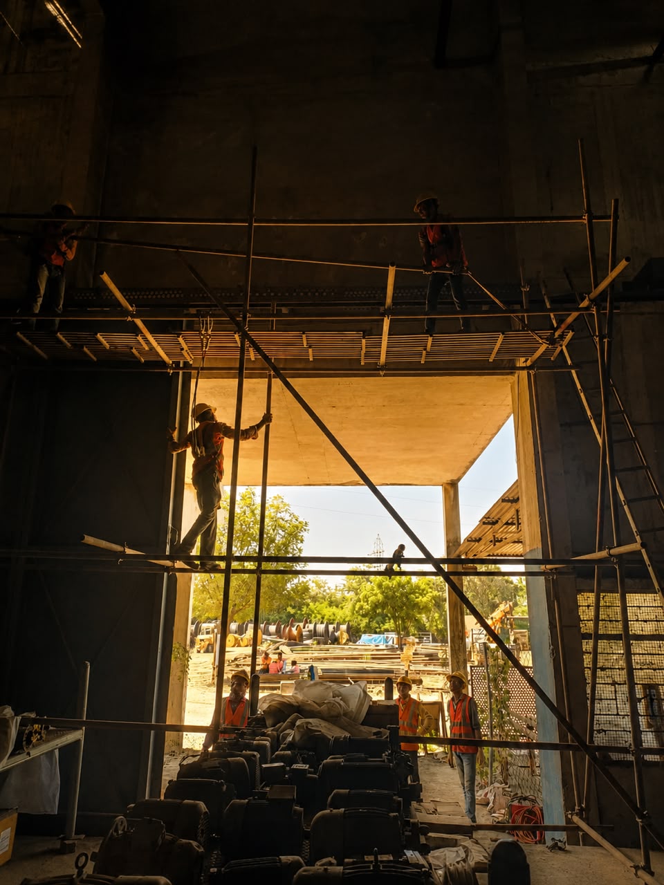 Scaffolding crew working safely at height on an industrial site